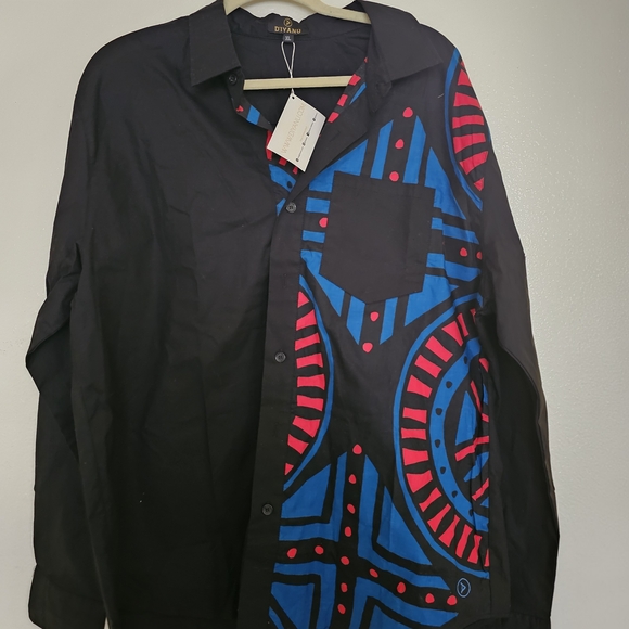 Black African Print Men's Shirt Featuring Blue And Red Patterned - Picture 2 of 4